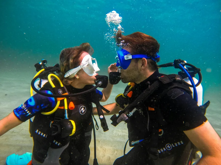 Diver underwater with fish